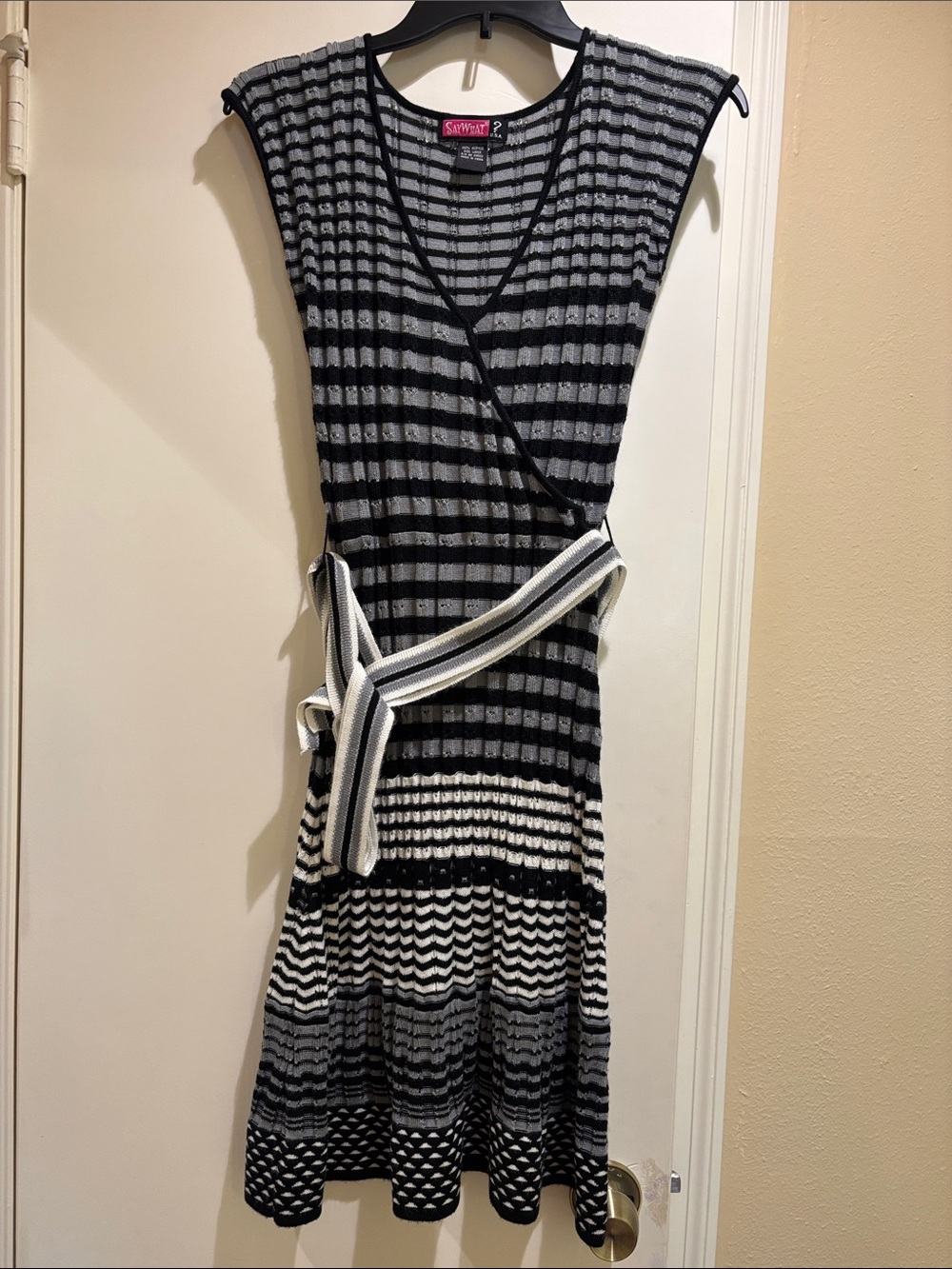 Say What? Black & Gray Striped Knit Midi Dress with Tie Waist